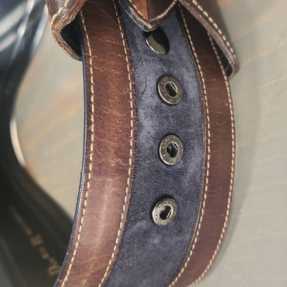 Christian Doir Blue Suede Wide Belt Trimmed in Brown Leather  Sz M/L - Picture 9 of 16